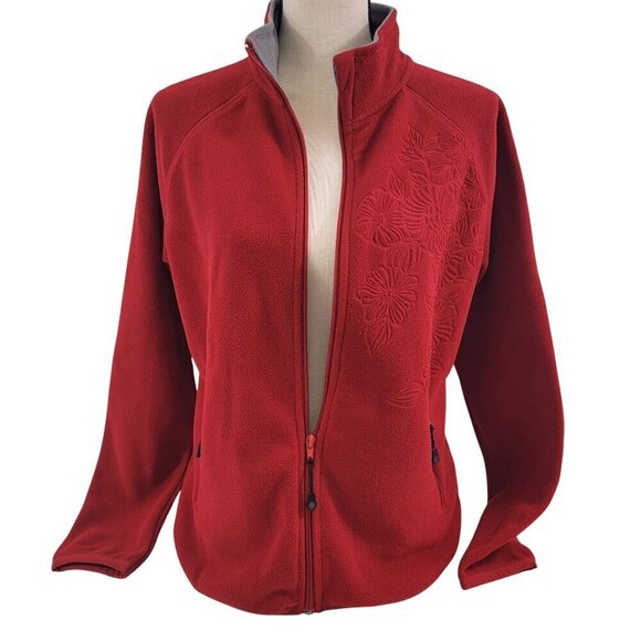 Fuda Women’s Red Fleece Floral Impressed Full Zip Jacket – Size Small - Picture 11 of 16